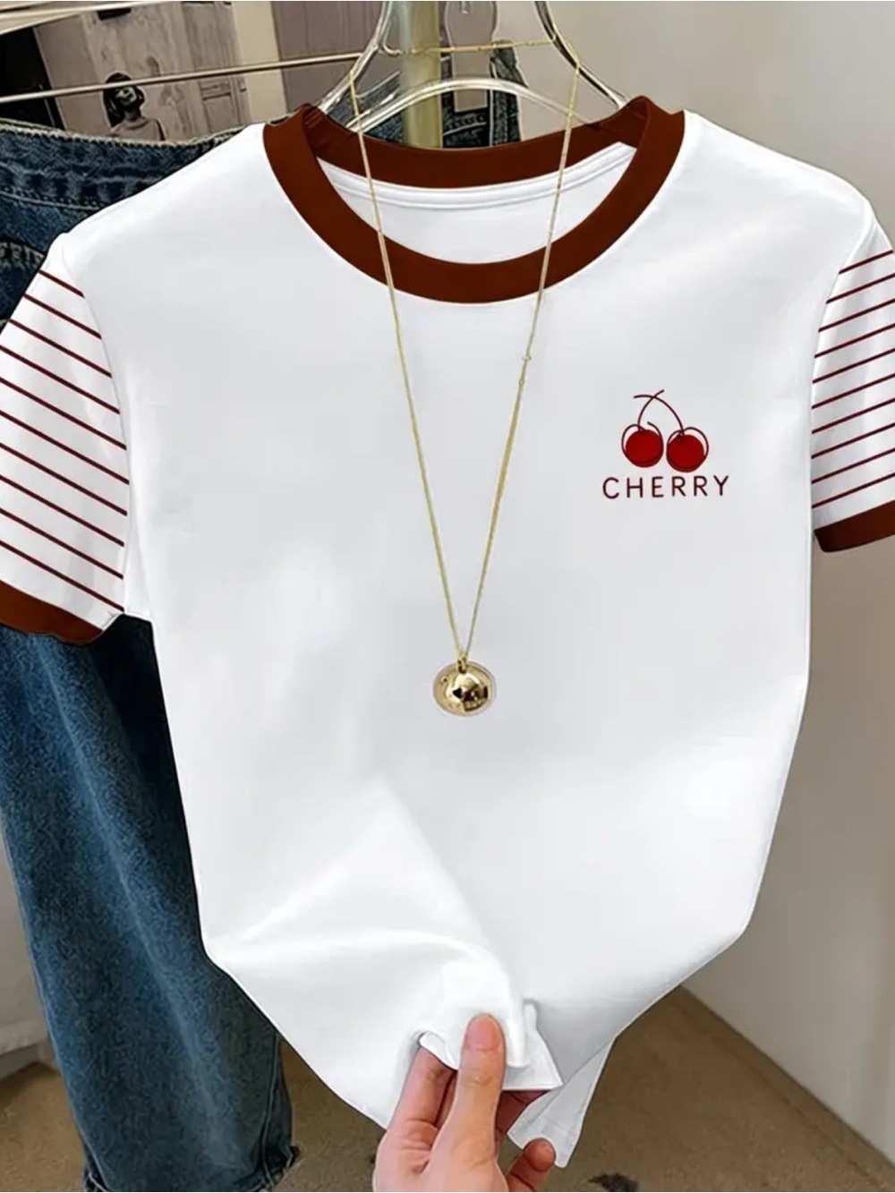 White Cherry Graphic Ringer Tee with Brown Trim